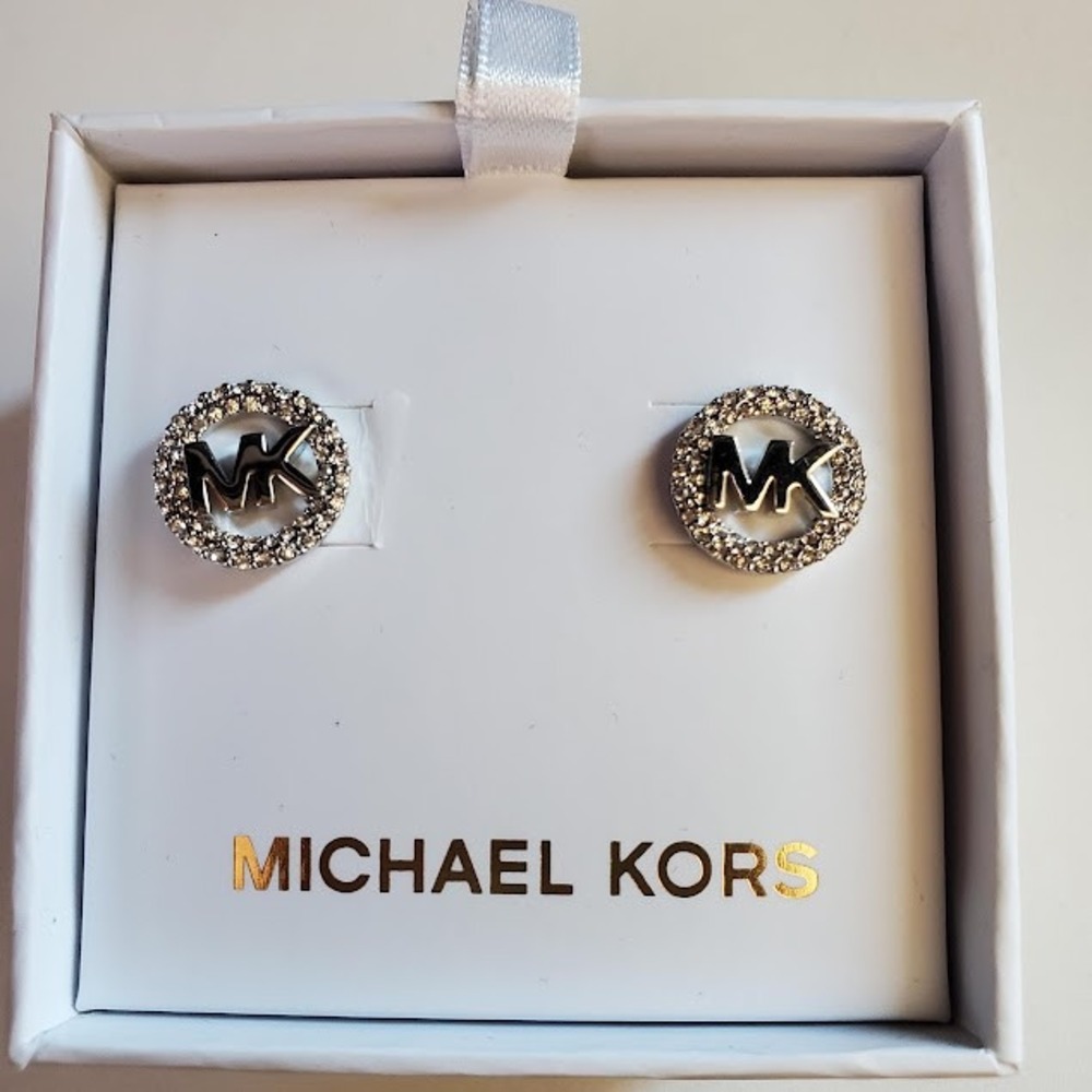 Michael Kors MKJX7323040 Silver Tone Pave Crystal Logo Stud Earrings Gift